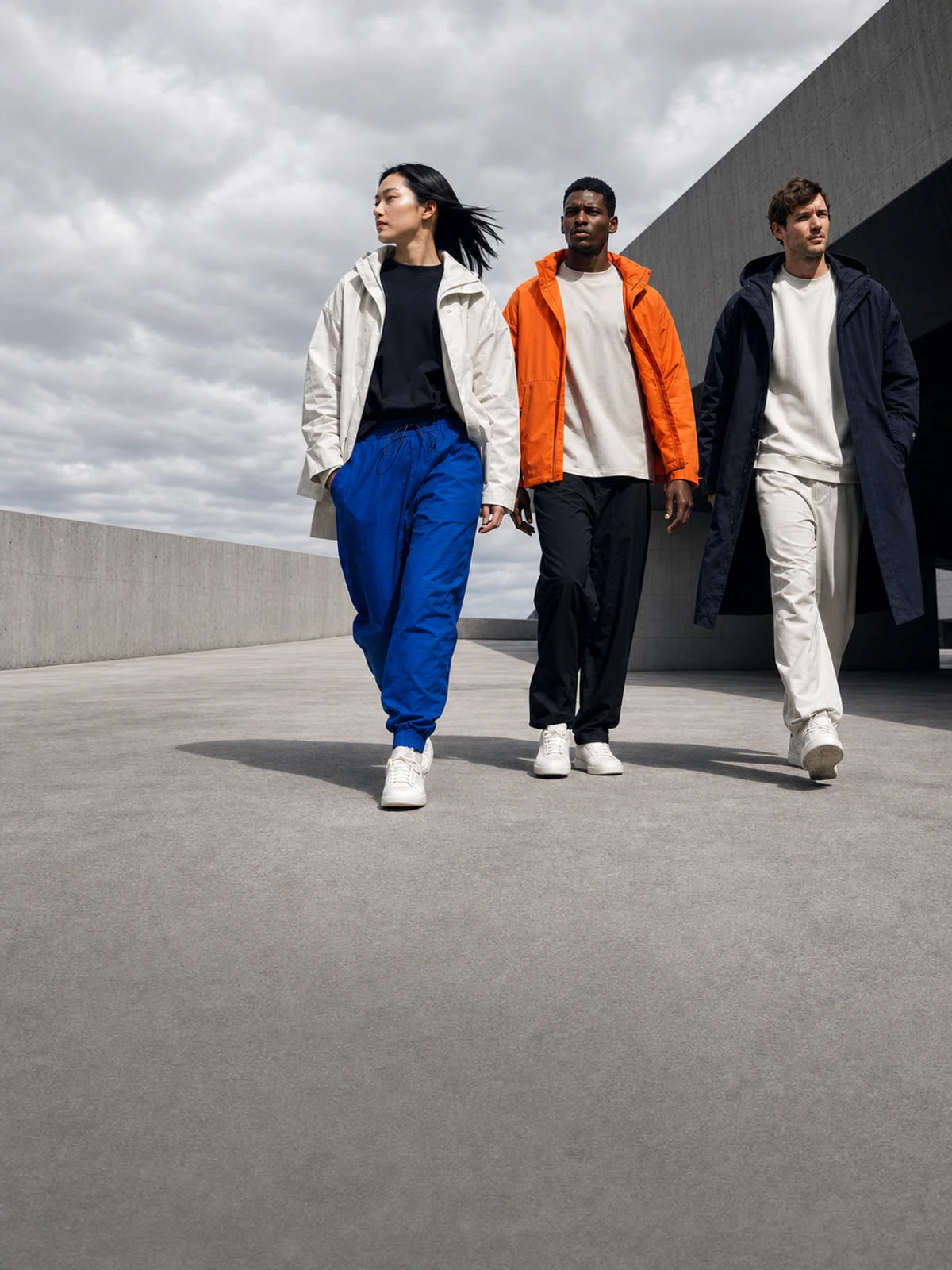 Three Atlas models wearing cobalt, black, and orange sportswear